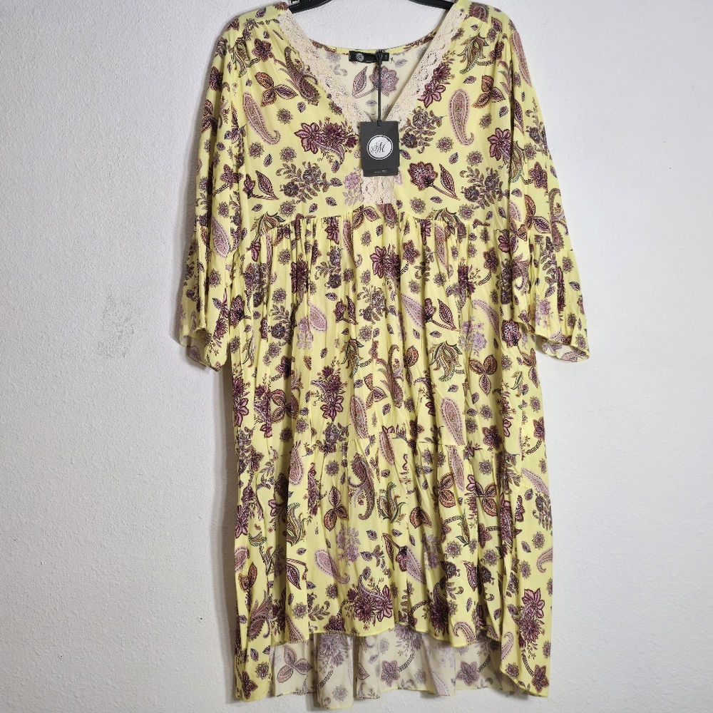M Made In Italy Boho Paisley Floral Multicolor Dress 3/4 Flare Cuffs Sleeve M